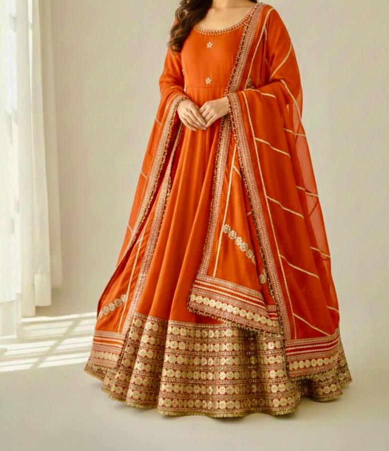 Rust Designer Silk Anarkali Gown Set with Dupatta & Pant