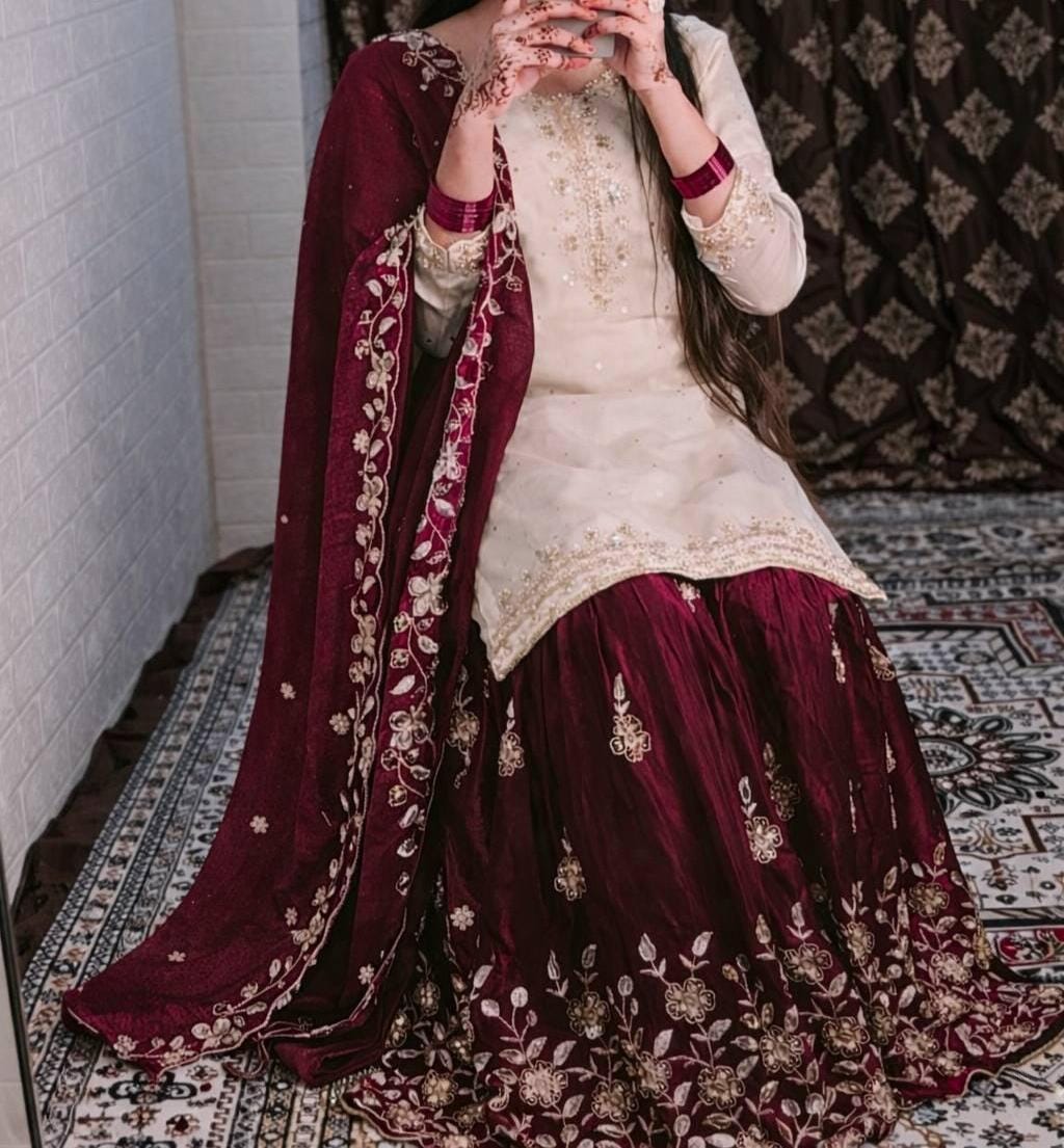 White Designer Kurta With Burgundy Sharara Suit For Pakistani Wedding
