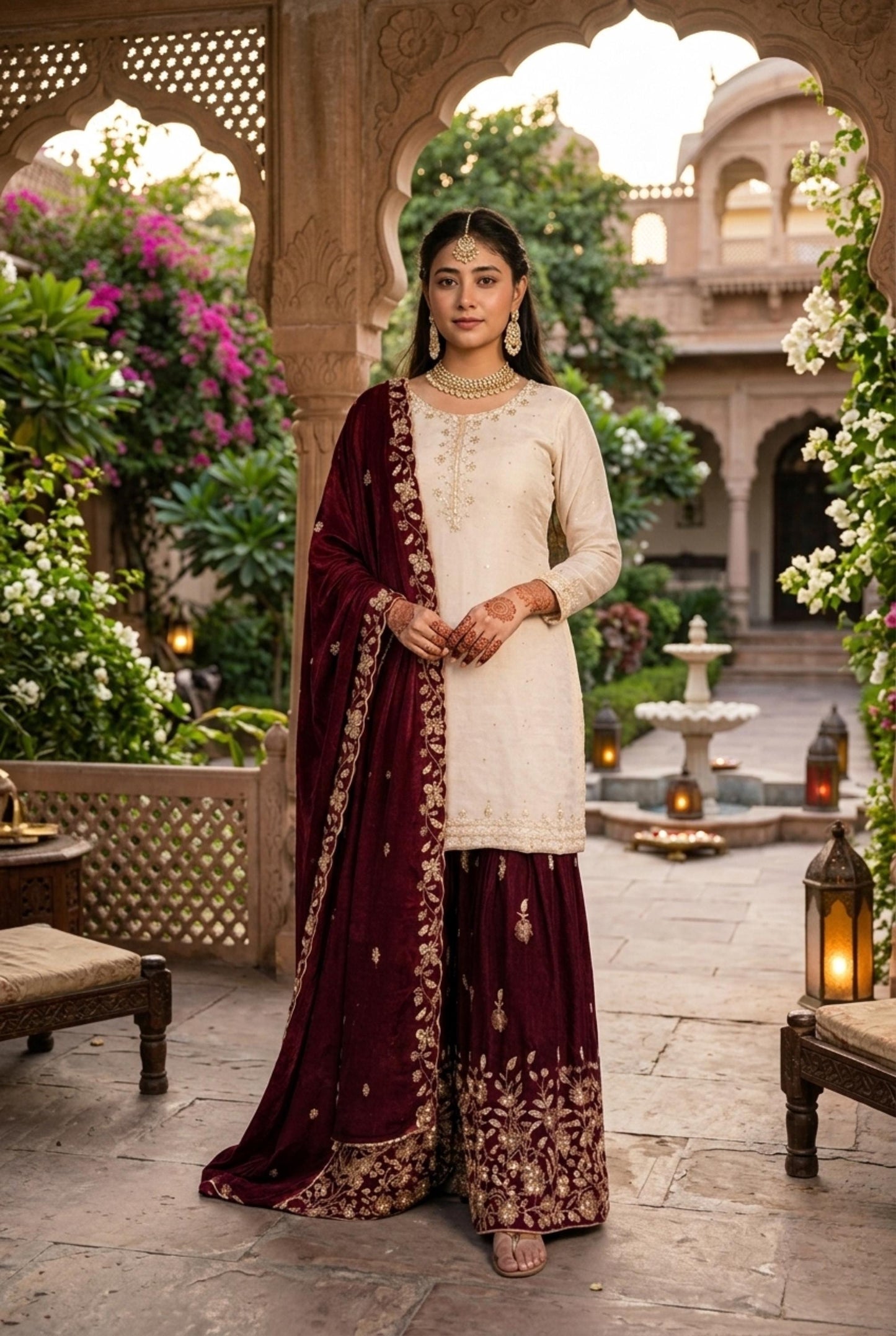 White Designer Kurta With Burgundy Sharara Suit For Pakistani Wedding