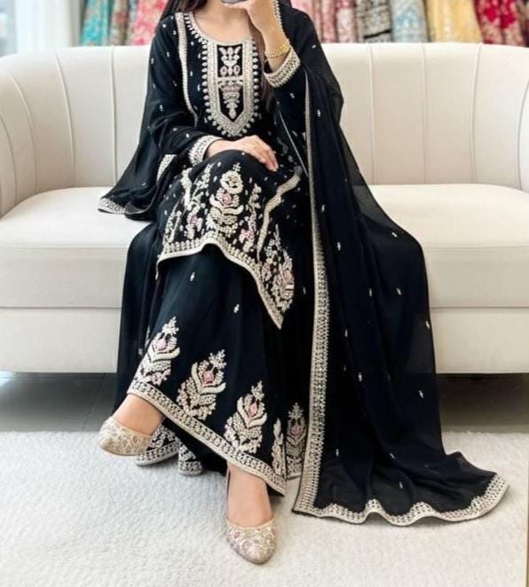 Black Silk Kurta & Palazzo Set For Wedding