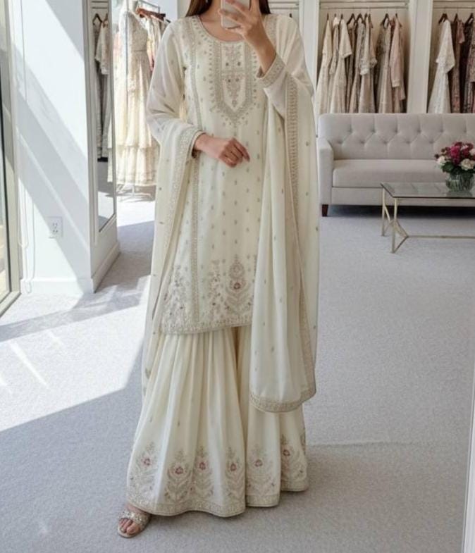 White Silk Kurta & Palazzo Set For Pakistani Wedding