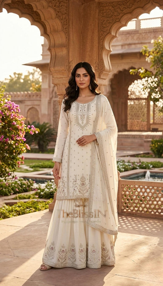 White Silk Kurta & Palazzo Set For Pakistani Wedding