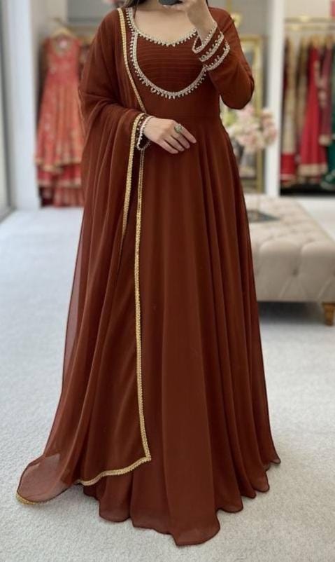 Brown Faux Georgette Anarkali Gown with Dupatta