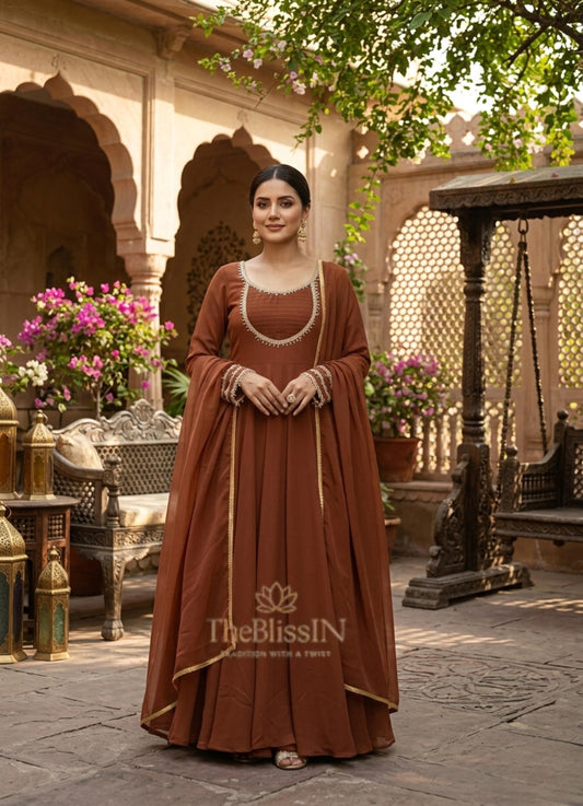 Brown Faux Georgette Anarkali Gown with Dupatta