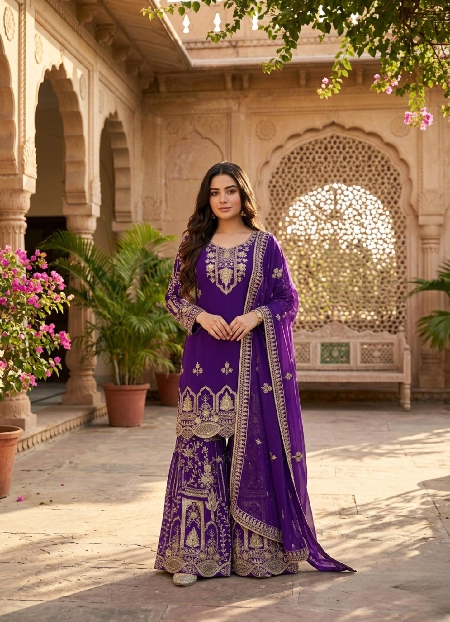 Royal Purple Embroidered Sharara Suit Set with Dupatta
