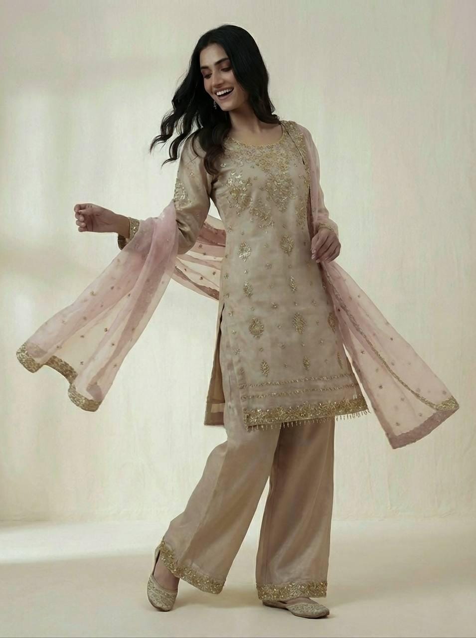 Beige Embroidered Kurti Palazzo Set with Dupatta - Pakisatni Wedding Outfit