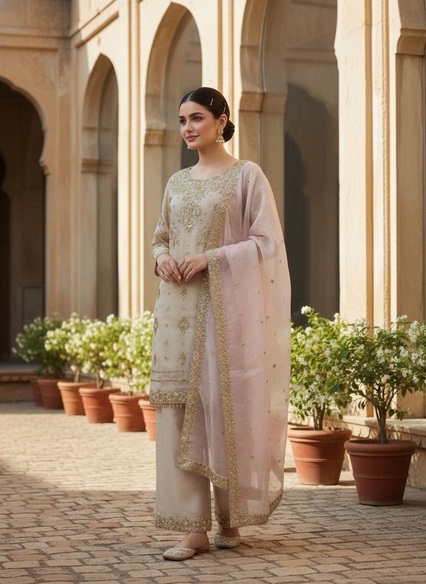 Beige Embroidered Kurti Palazzo Set with Dupatta - Pakisatni Wedding Outfit