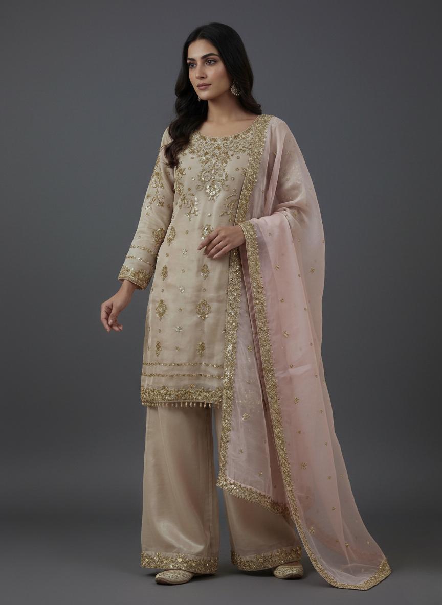 Beige Embroidered Kurti Palazzo Set with Dupatta - Pakisatni Wedding Outfit