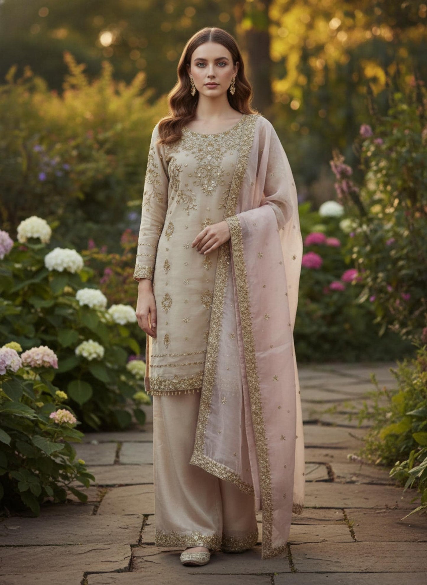 Beige Embroidered Kurti Palazzo Set with Dupatta - Pakisatni Wedding Outfit