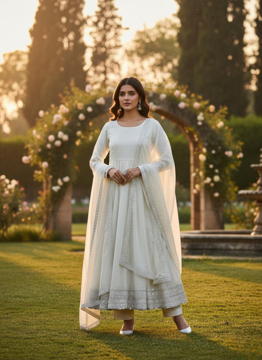 Elegant Embroidery Work With Designer Anarkali Three Piece Set