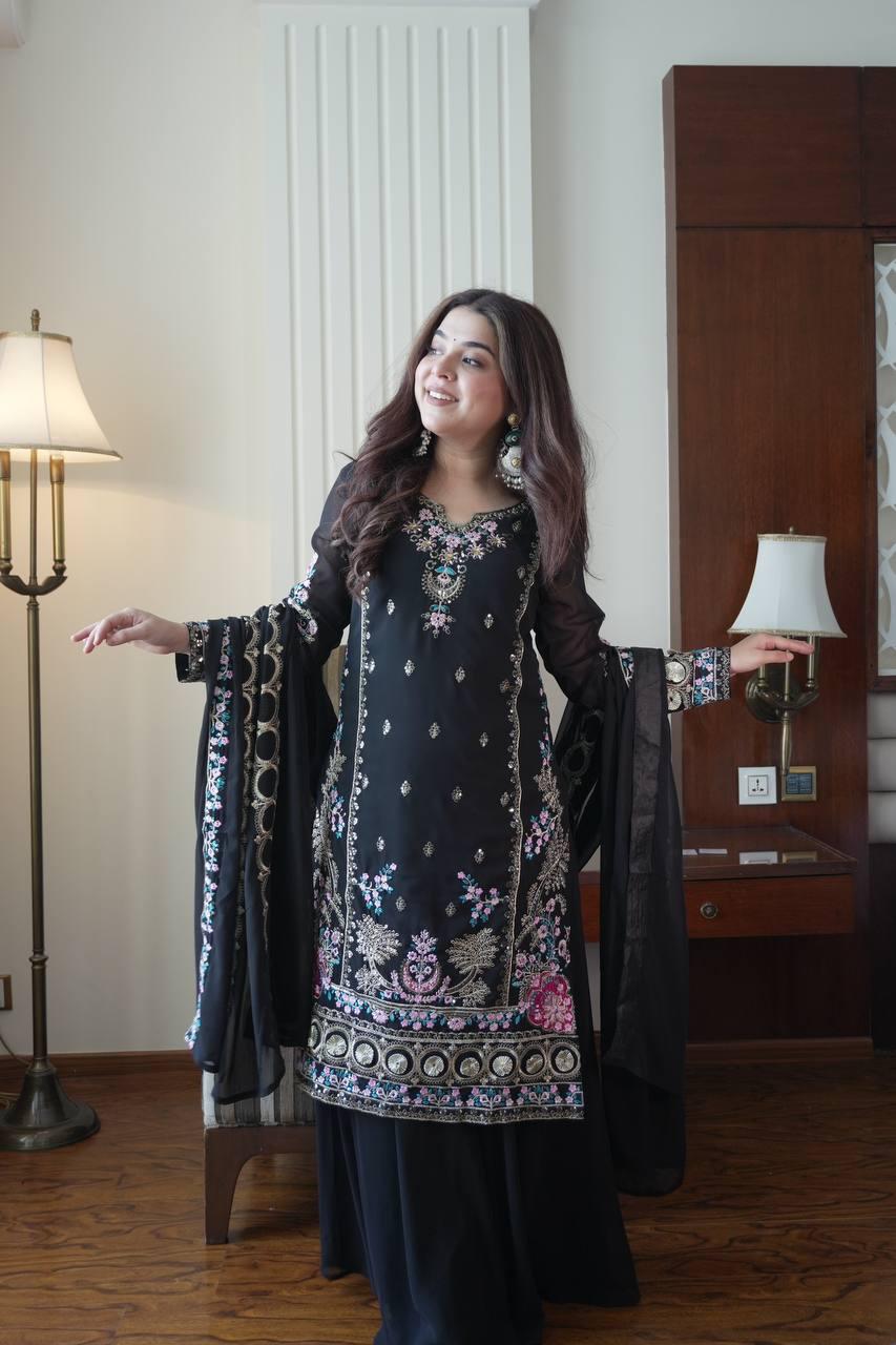 Pakistani Black Loomeera Kurti & Palazzo Dupatta Suit With Embroidered Dress