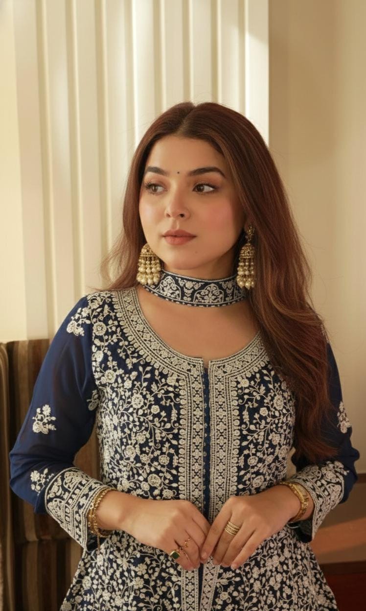 Pakistani Blue Embroidered Kurti & Palazzo Suit With Sequin Work Dupatta Set