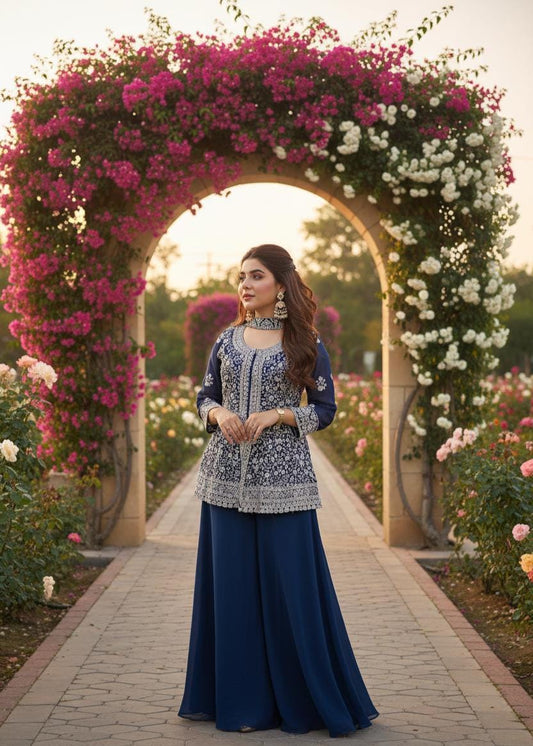 Pakistani Blue Embroidered Kurti & Palazzo Suit With Sequin Work Dupatta Set