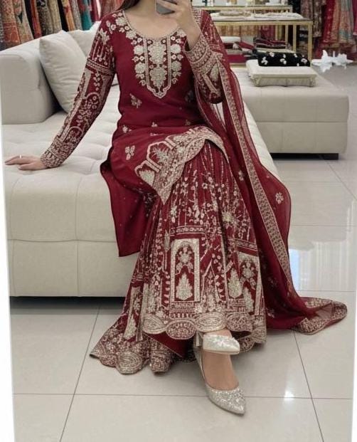 Pakistani Designer Maroon Embroidered Palazzo Suit Set with Dupatta
