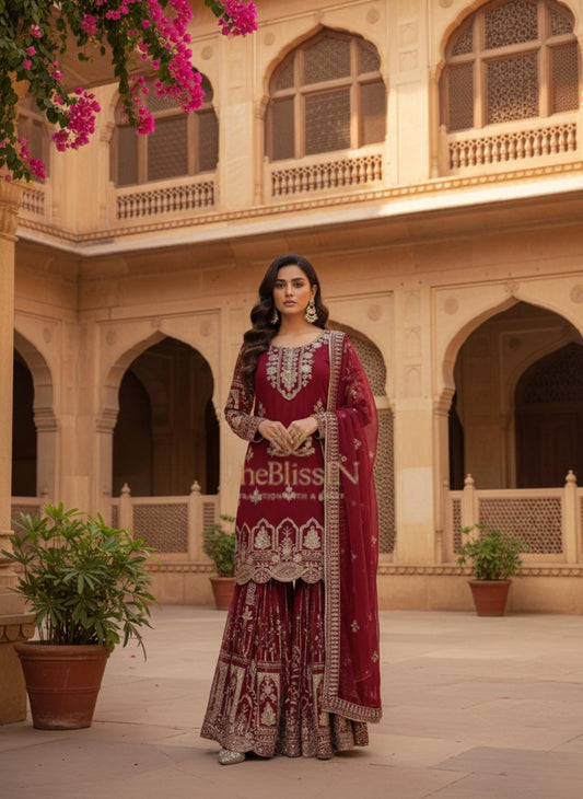 Pakistani Designer Maroon Embroidered Palazzo Suit Set with Dupatta