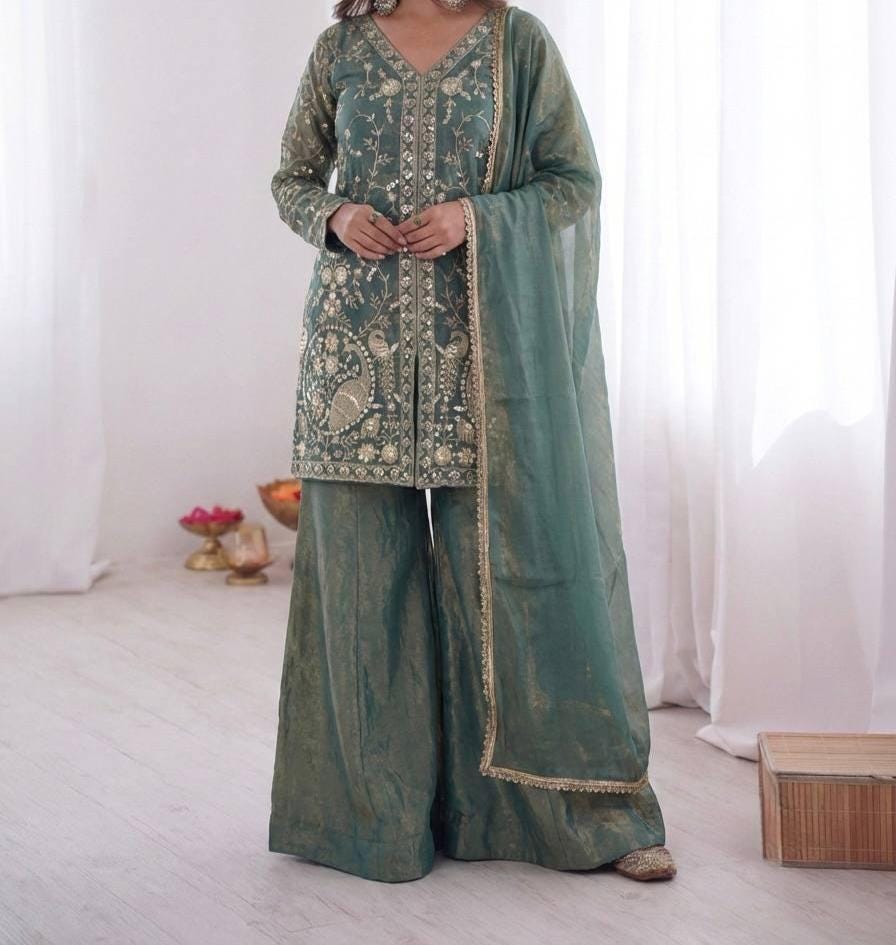 Sage Green Embroidered Palazzo Suit Set with Dupatta - Fully Stitched