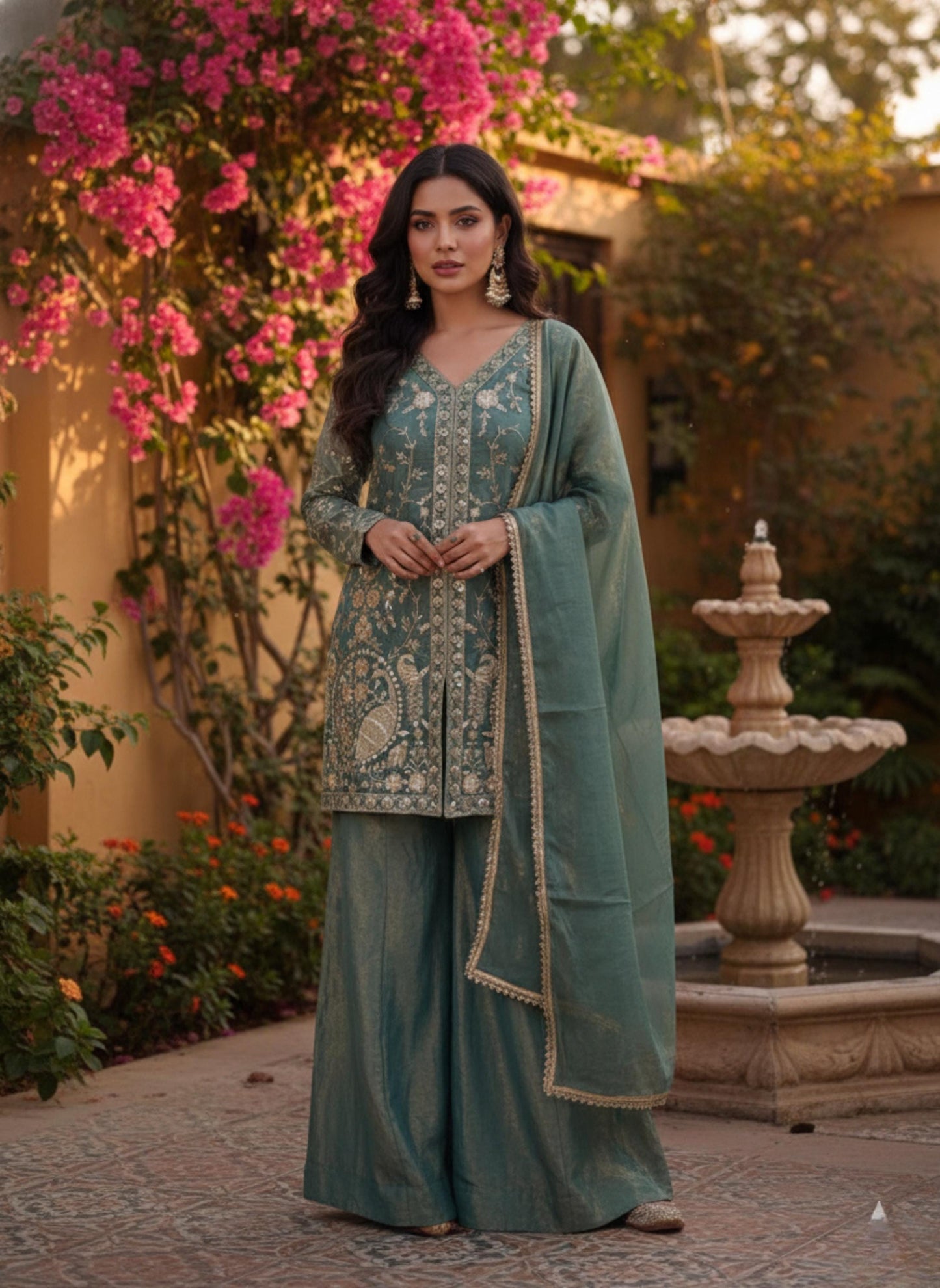 Sage Green Embroidered Palazzo Suit Set with Dupatta - Fully Stitched