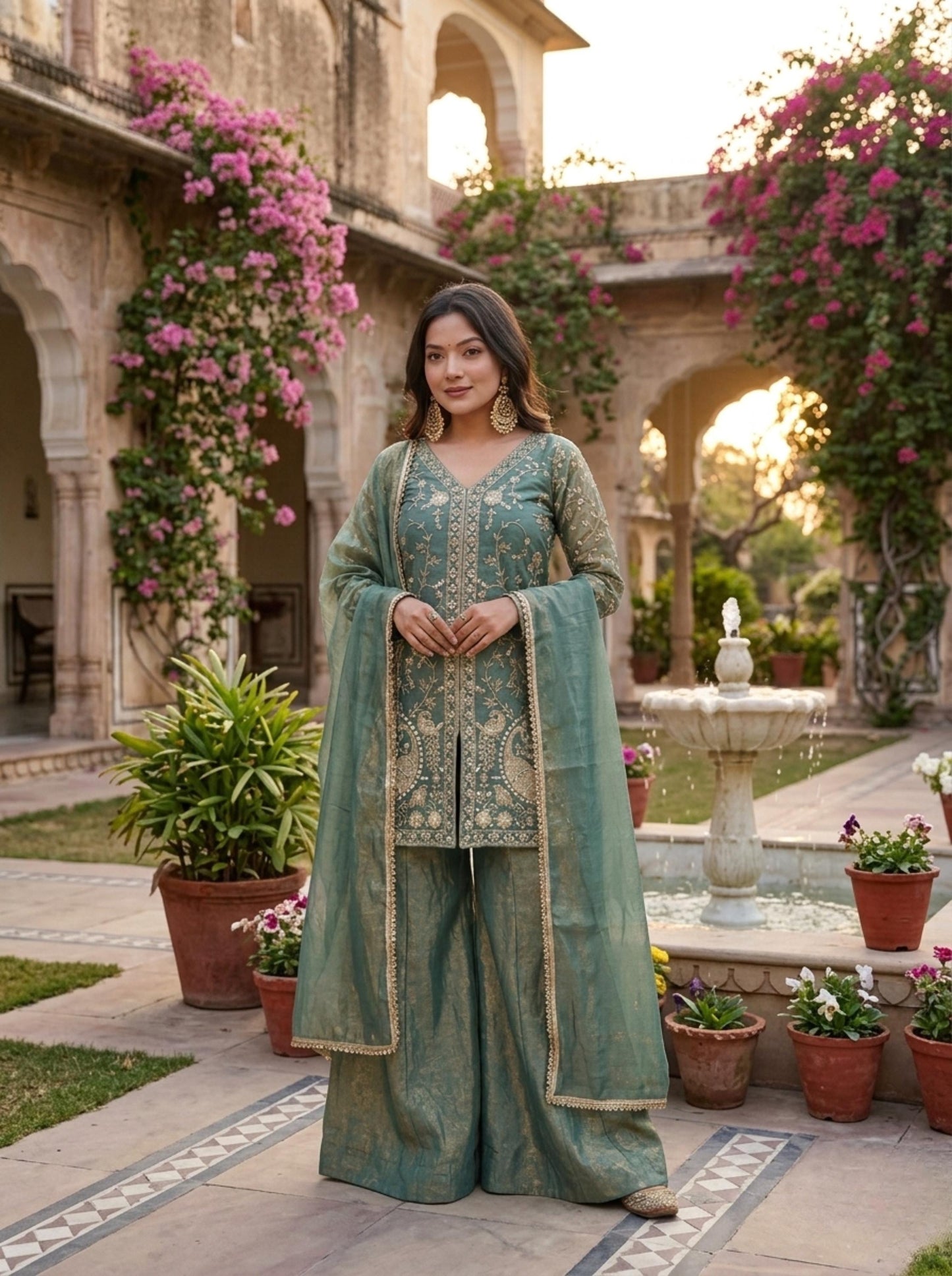 Sage Green Embroidered Palazzo Suit Set with Dupatta - Fully Stitched
