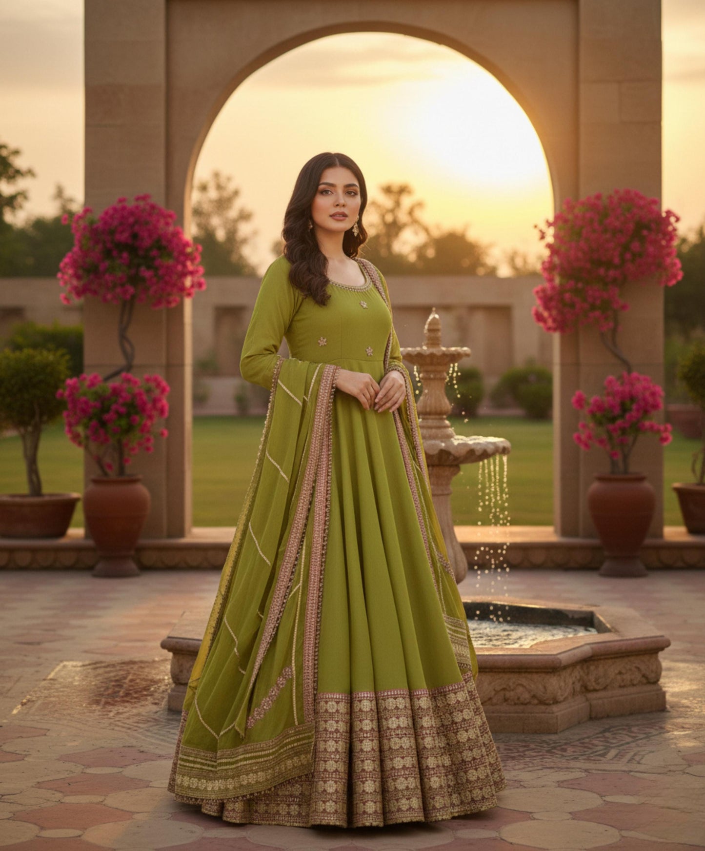 Olive Green Anarkali Gown with Embroidered Border & Dupatta For Women