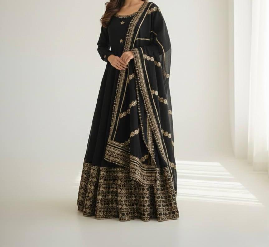 Black Silk Anarkali Suit with Embroidery & Dupatta