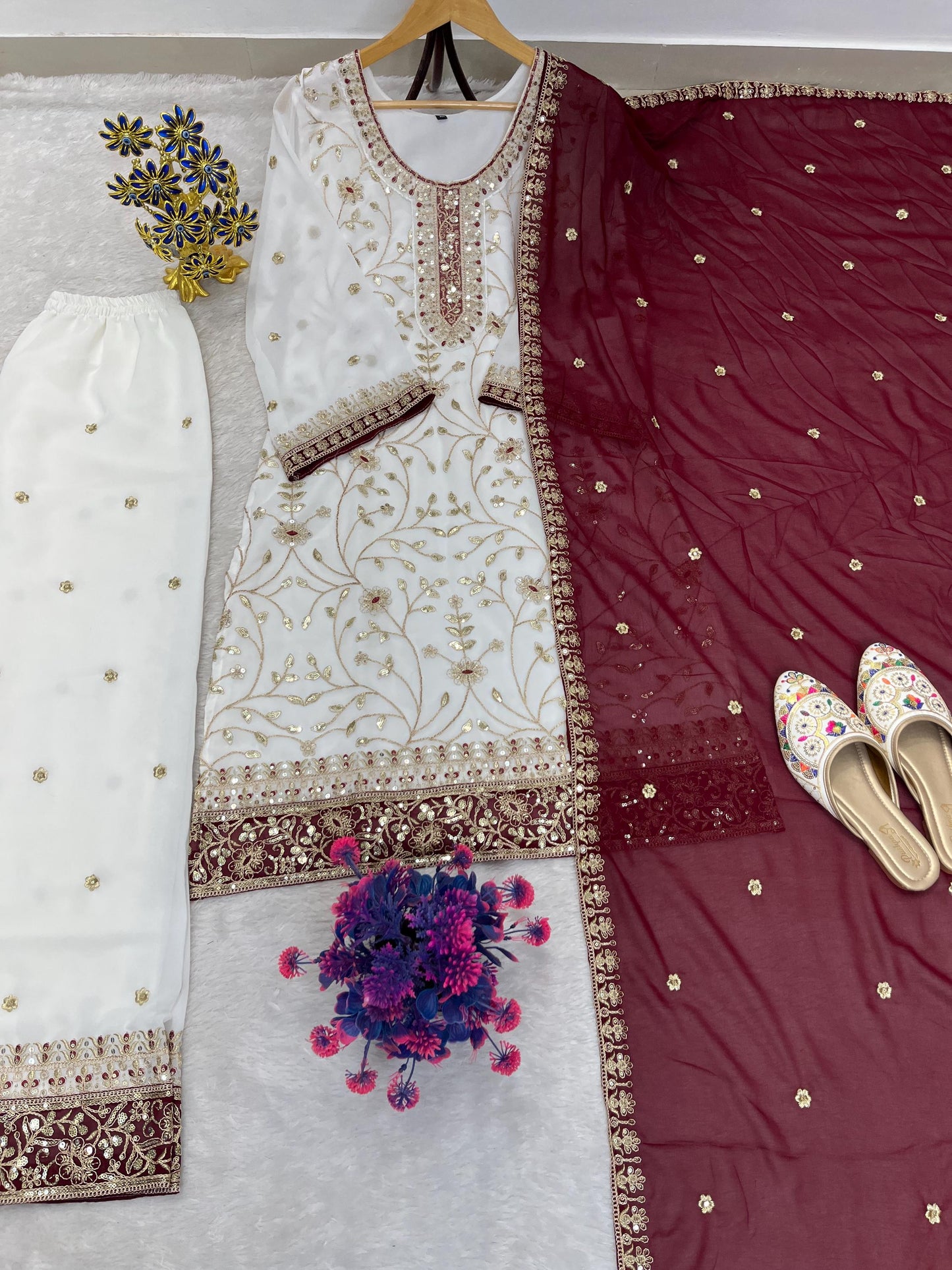 Heavy Faux Georgette Embroidered Palazzo Suit Set with Dupatta