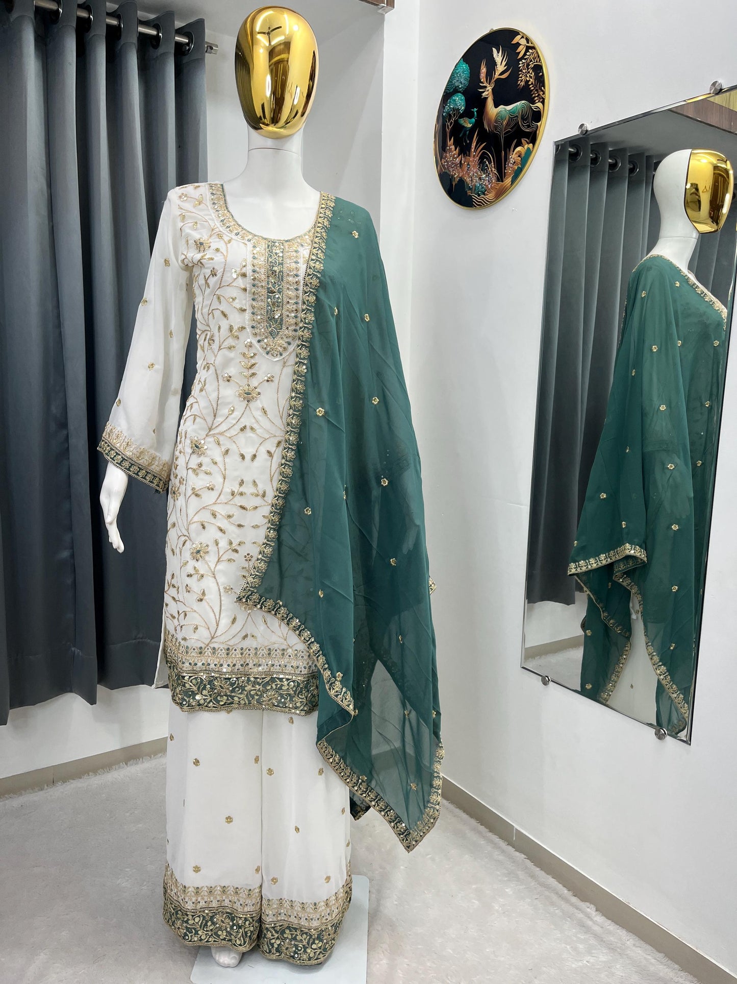 White Georgette Kurta Palazzo Set With Green Dupatta Suit