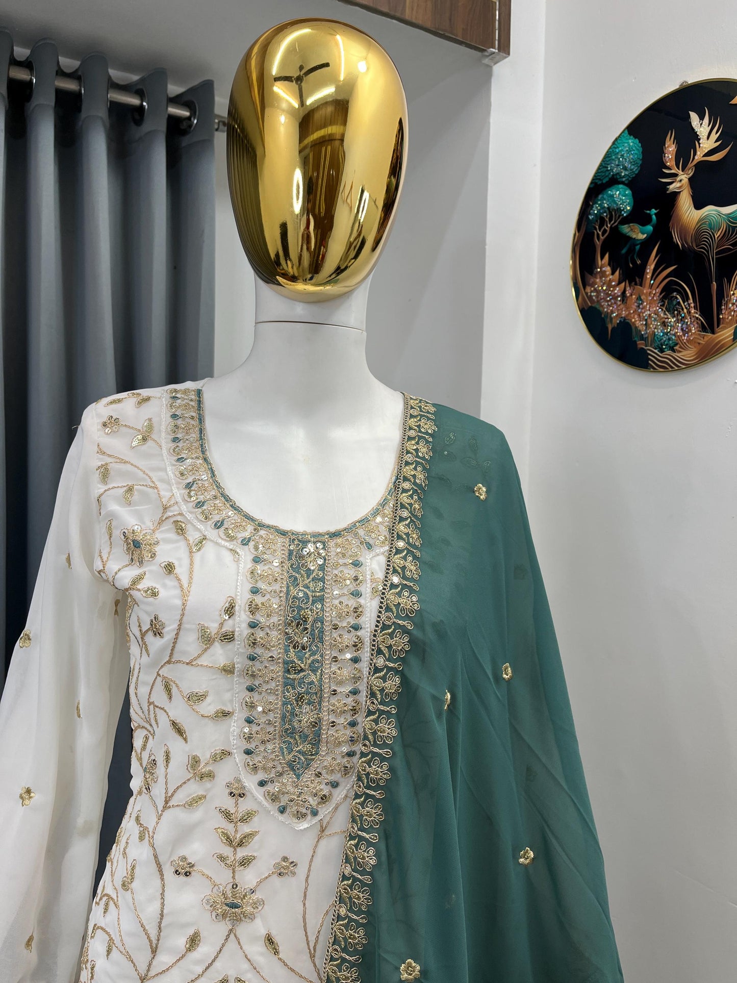 White Georgette Kurta Palazzo Set With Green Dupatta Suit