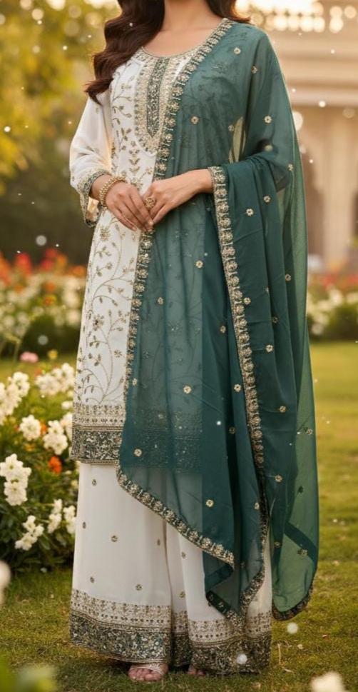 White Georgette Kurta Palazzo Set With Green Dupatta Suit