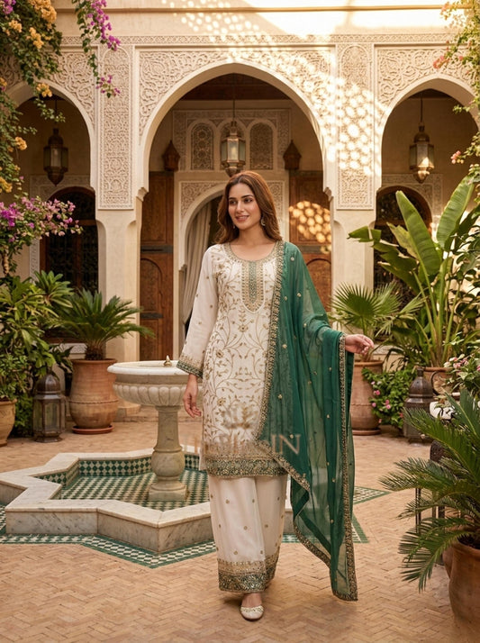 White Georgette Kurta Palazzo Set With Green Dupatta Suit