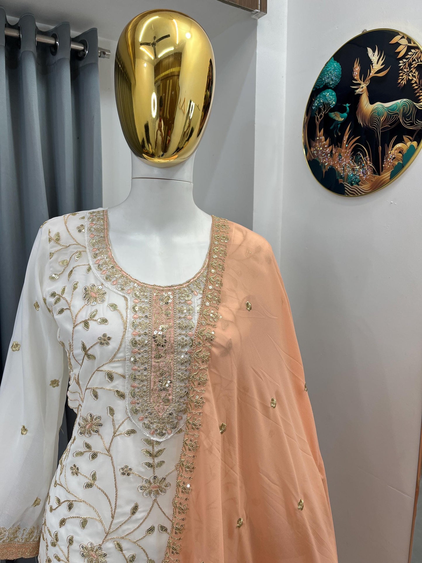 Designer Georgette White Kurta & Palazzo With Peach Dupatta