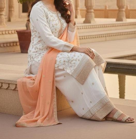 Designer Georgette White Kurta & Palazzo With Peach Dupatta
