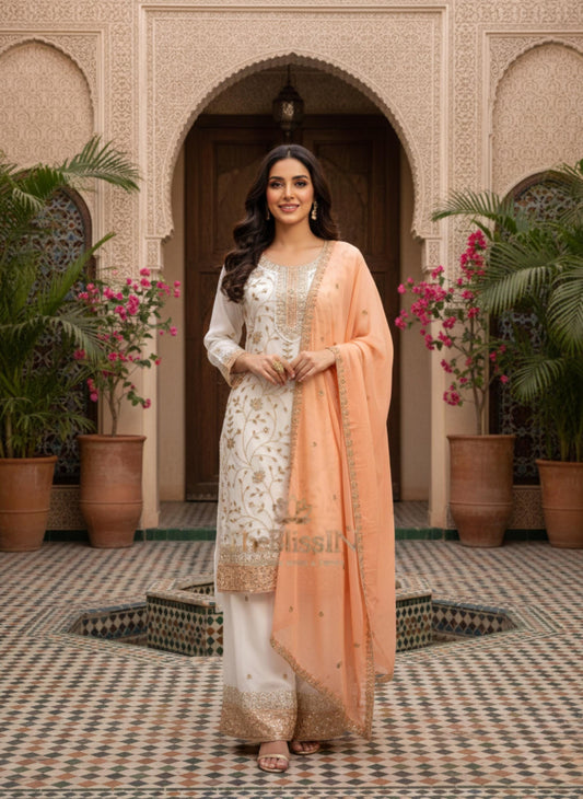 Designer Georgette White Kurta & Palazzo With Peach Dupatta