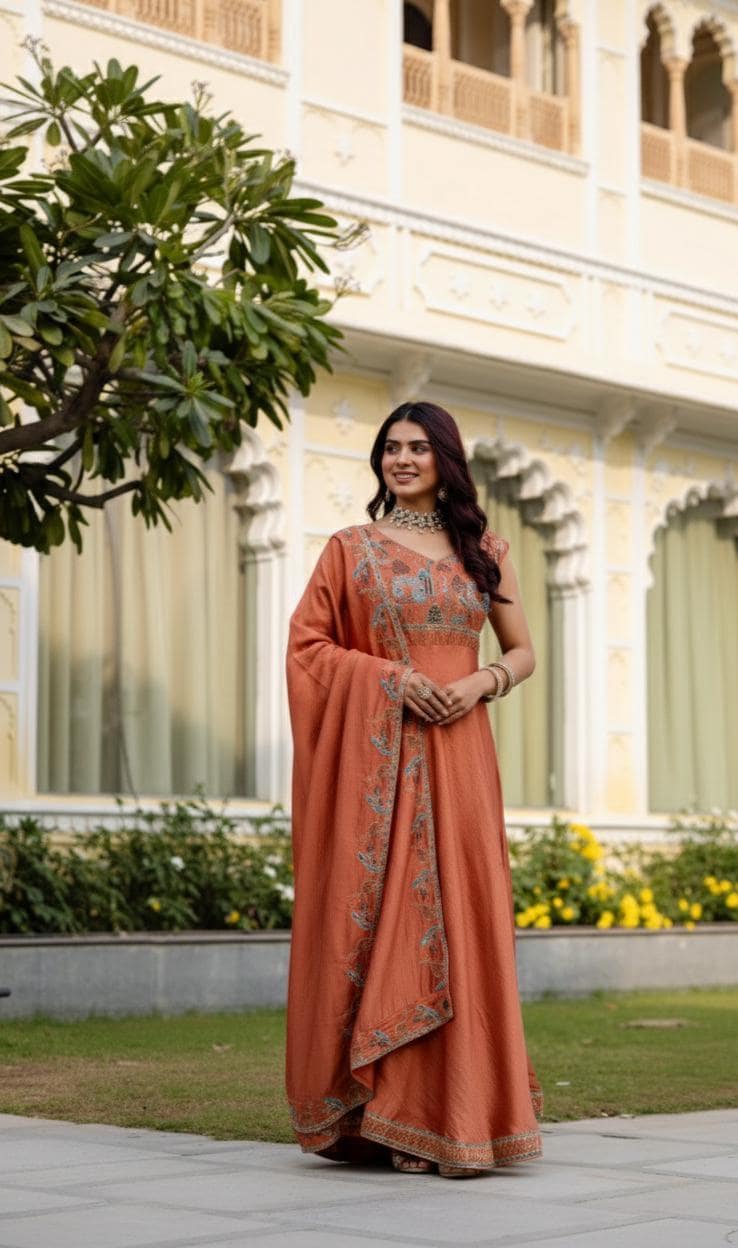 Designer Silk Purple Embroidered Floral Draped Anarkali Gown With Dupatta