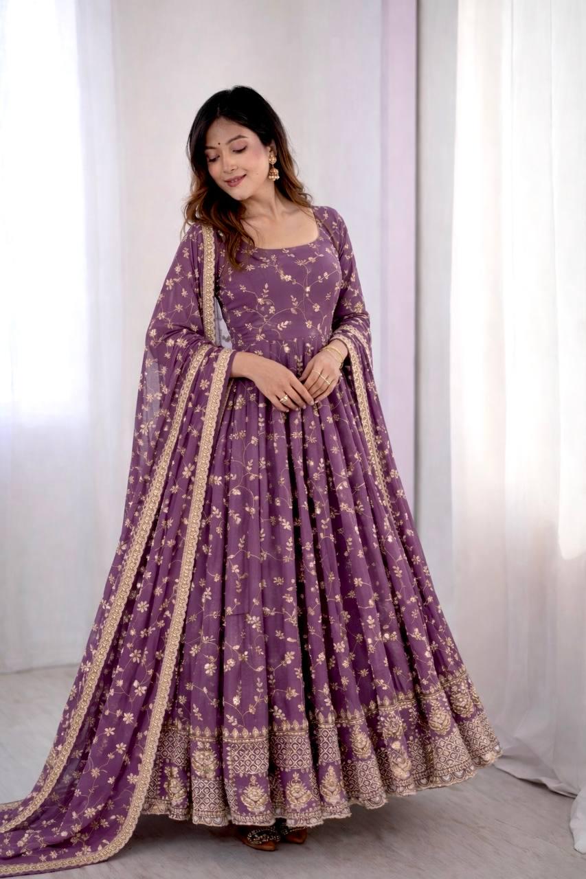 Designer Purple Embroidered Anarkali Gown with Dupatta | Party Wear Ethnic Dress
