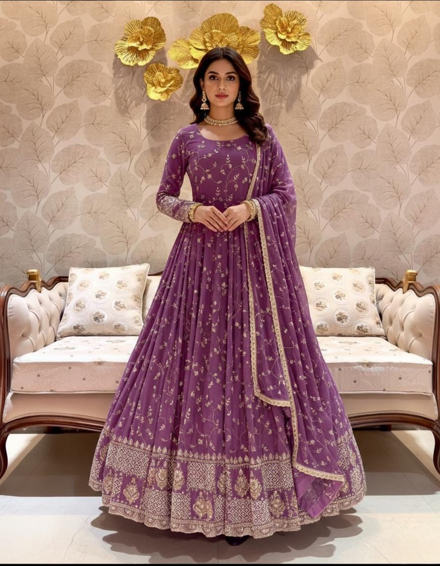 Designer Purple Embroidered Anarkali Gown with Dupatta | Party Wear Ethnic Dress
