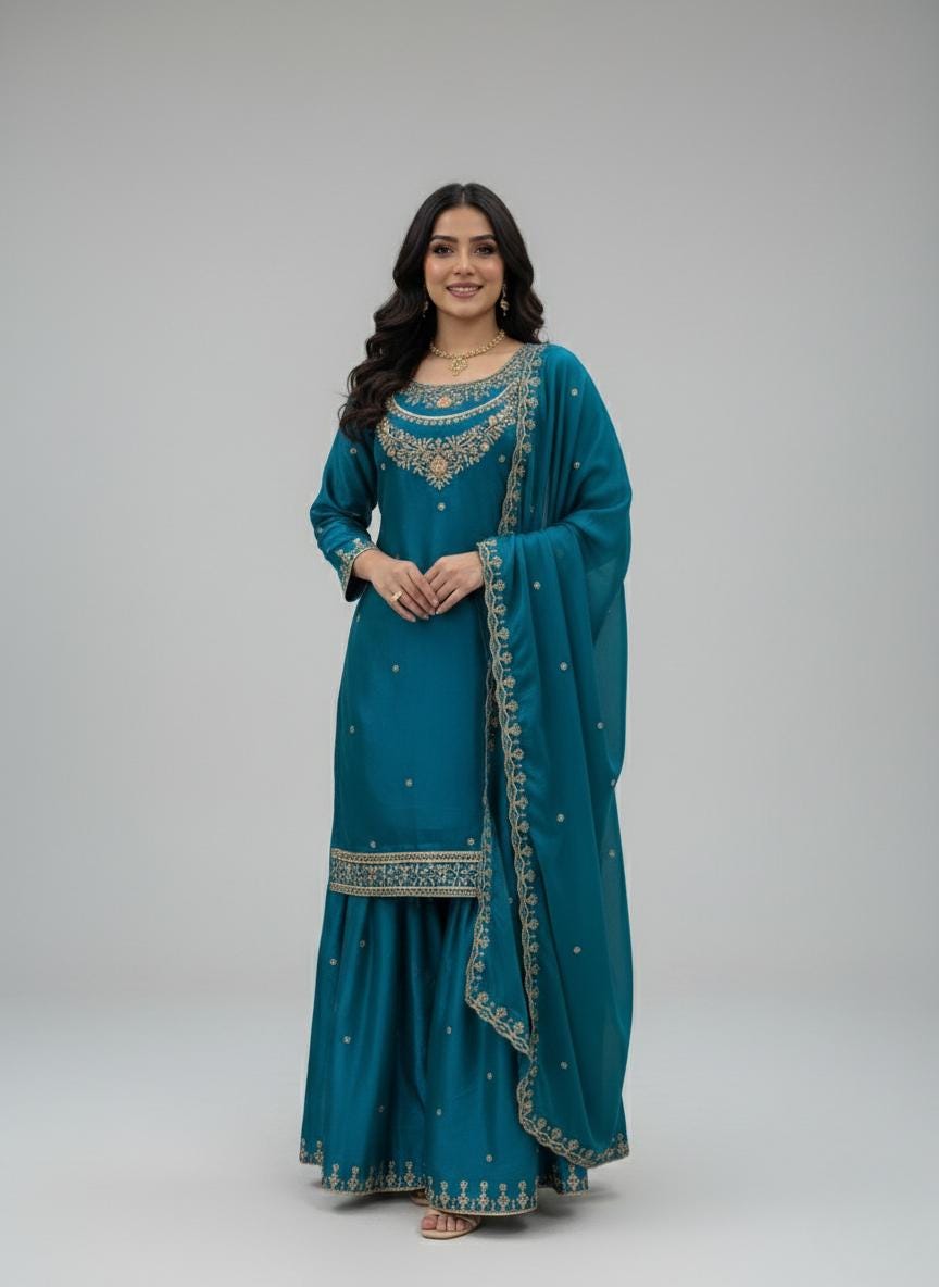 Designer Blue Embroidered Sharara Suits With Matching Dupatta Set