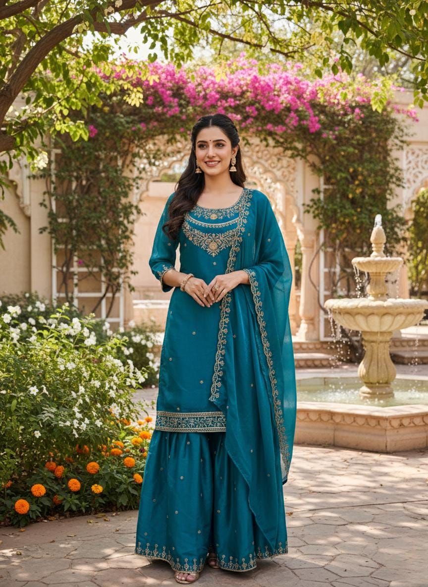 Designer Blue Embroidered Sharara Suits With Matching Dupatta Set