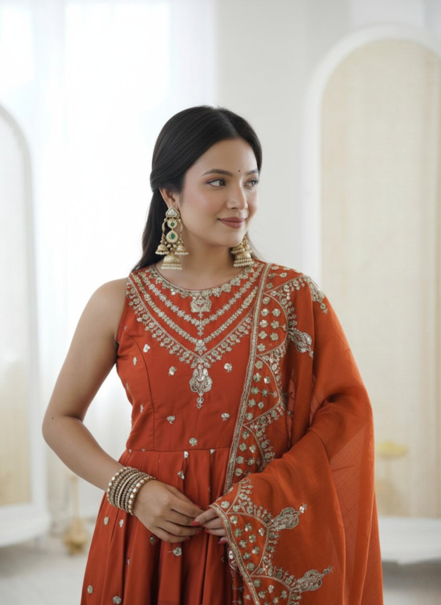 Orange Embroidered Anarkali Suit Set with Dupatta - Indian Wedding Outfit