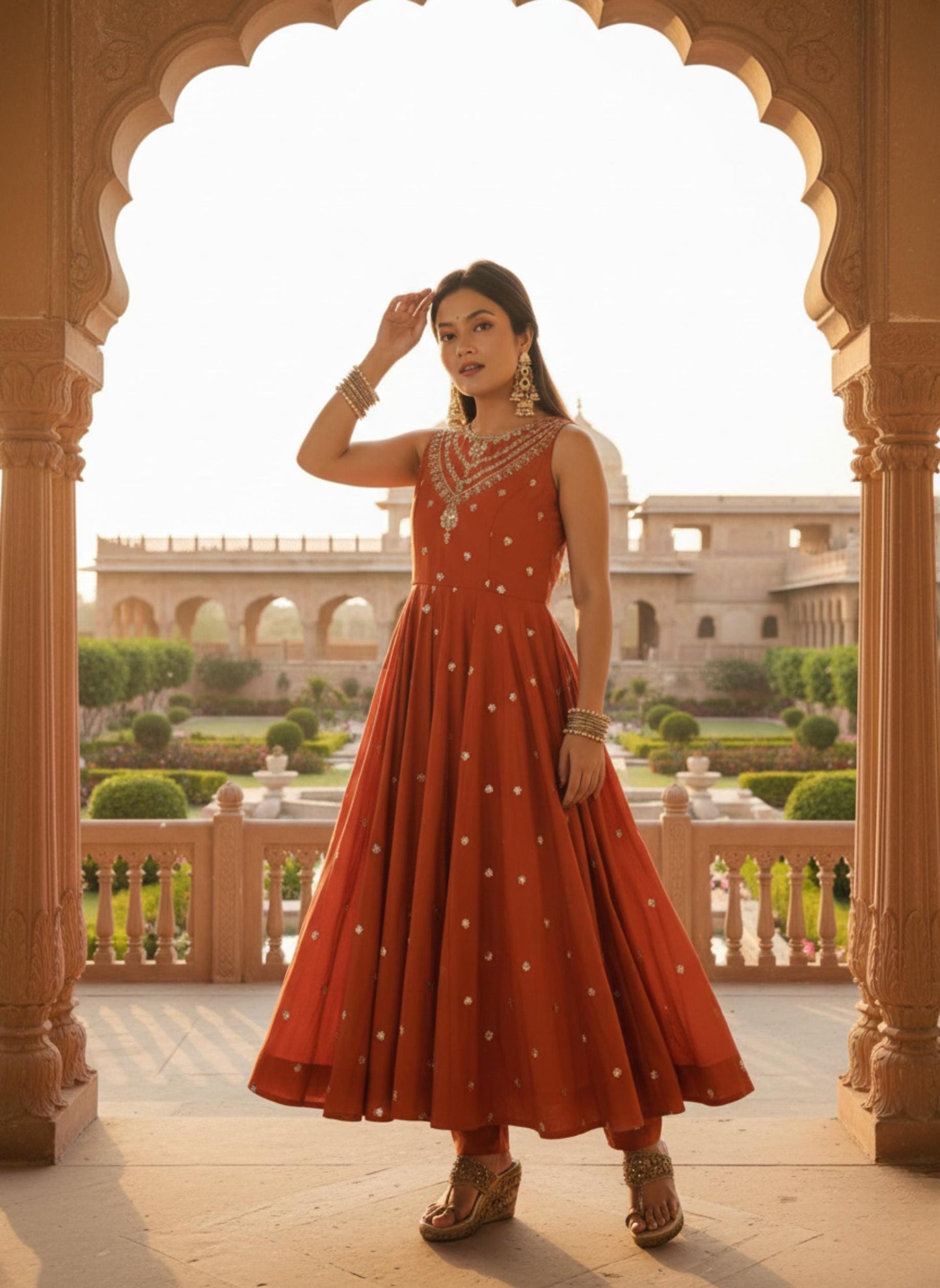 Orange Embroidered Anarkali Suit Set with Dupatta - Indian Wedding Outfit