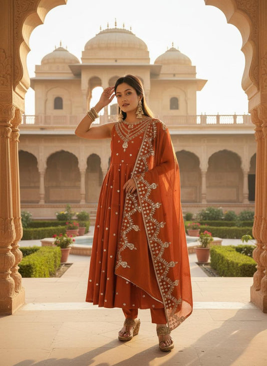 Orange Embroidered Anarkali Suit Set with Dupatta - Indian Wedding Outfit