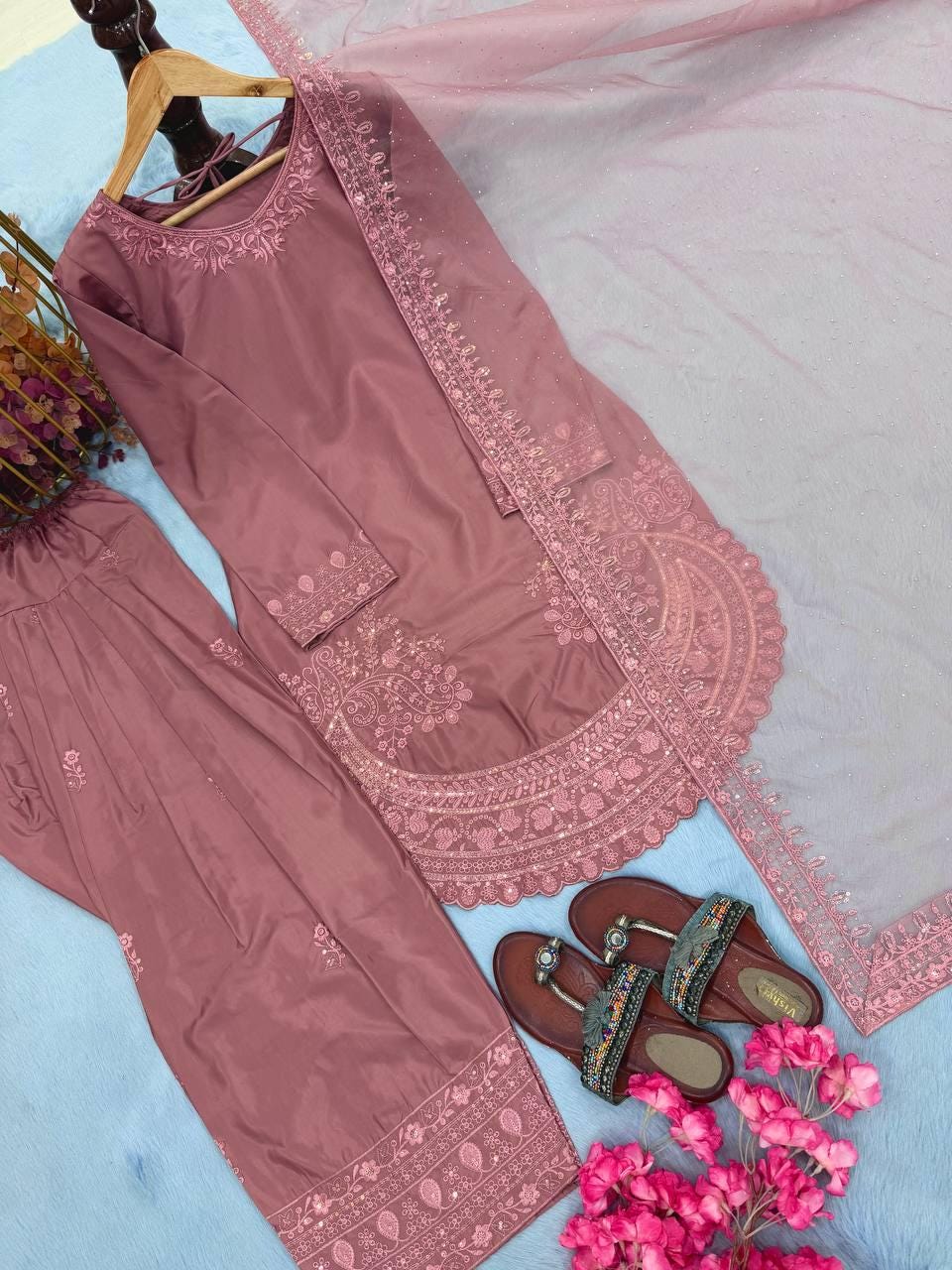 Designer Mauve Farshi Palazzo Suit with Embroidered Dupatta | Eid Festive Wear