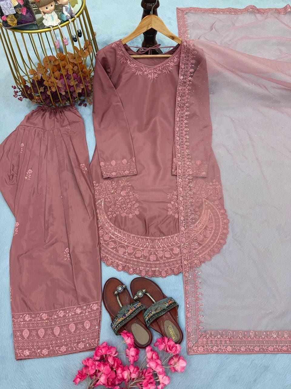 Designer Mauve Farshi Palazzo Suit with Embroidered Dupatta | Eid Festive Wear
