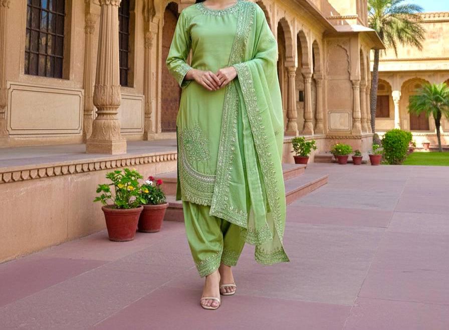 Green Embroidered Salwar Suit with Dupatta | Farsi Palazzo Set for Women