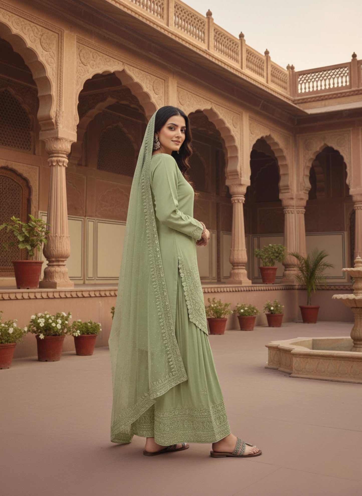 Green Embroidered Salwar Suit with Dupatta | Farsi Palazzo Set for Women