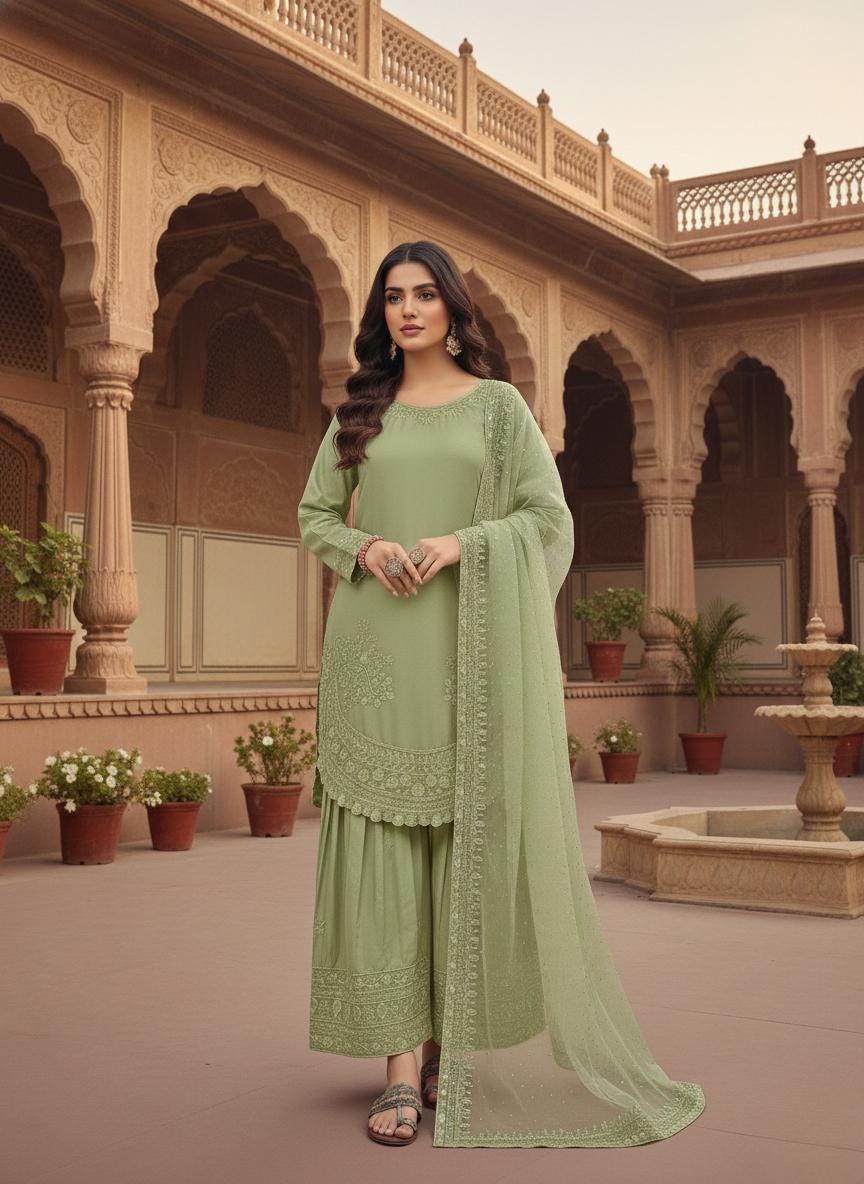 Green Embroidered Salwar Suit with Dupatta | Farsi Palazzo Set for Women