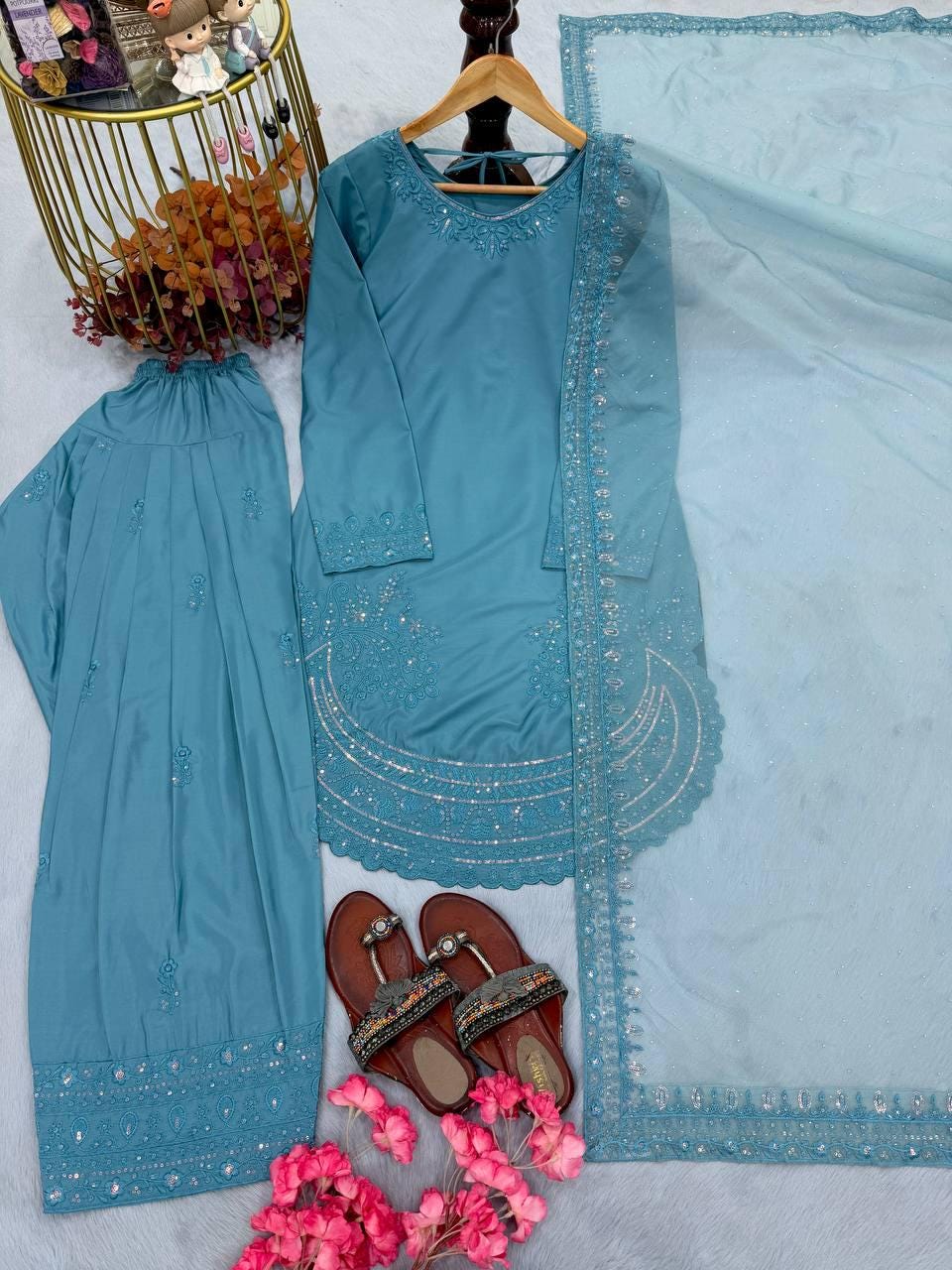 Teal Blue Embroidered Salwar Suit with Dupatta | Festive & Party Wear for Women