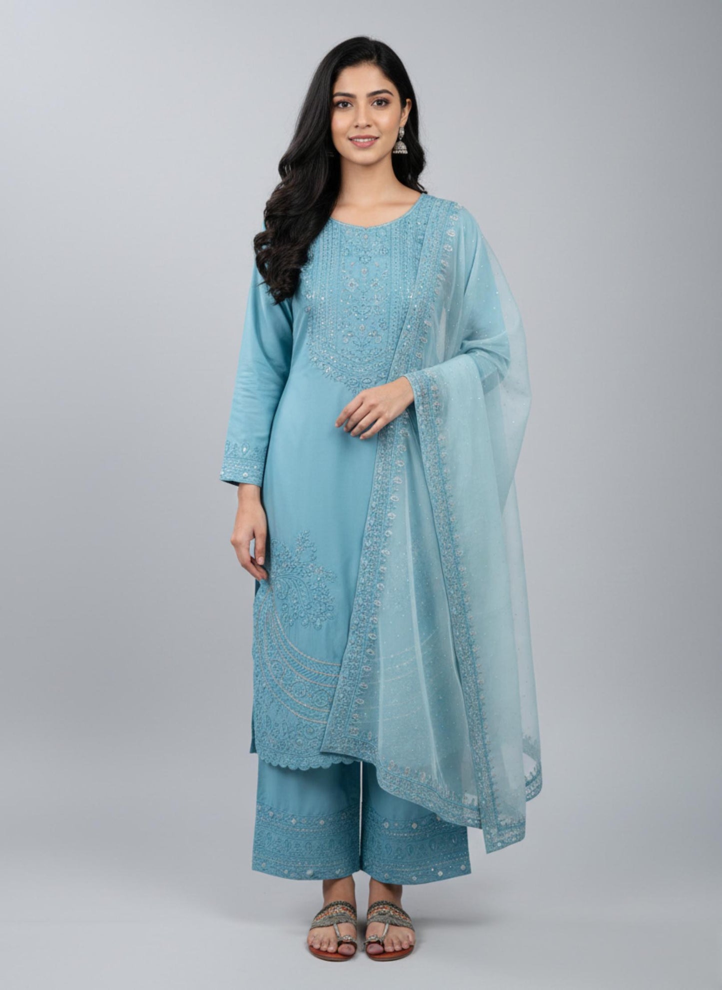 Teal Blue Embroidered Salwar Suit with Dupatta | Festive & Party Wear for Women