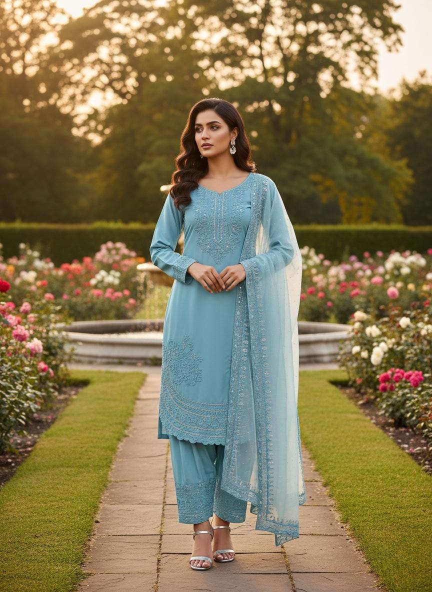 Teal Blue Embroidered Salwar Suit with Dupatta | Festive & Party Wear for Women