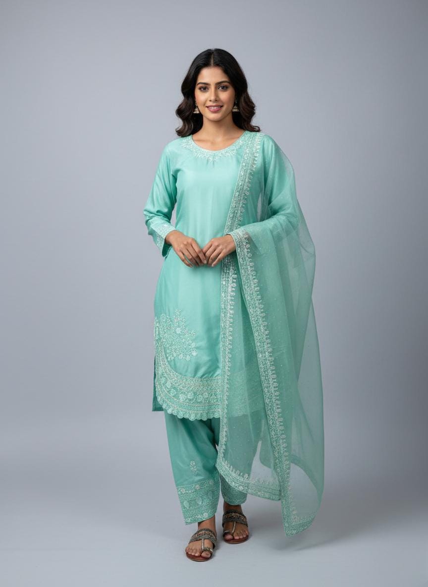 Designer Farshi Palazzo Suit in Pure Natural Crepe with Embroidered Organza Dupatta