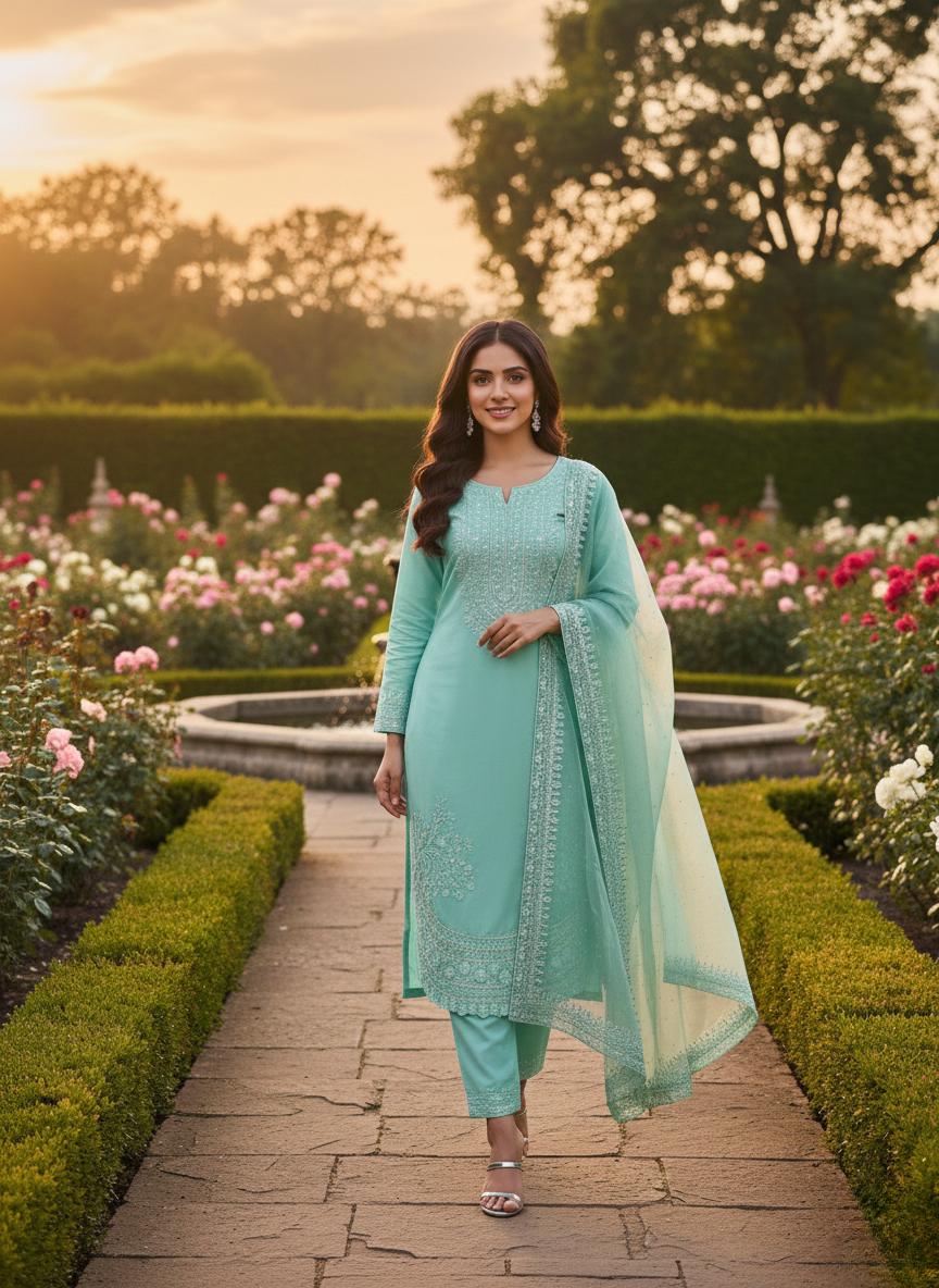 Designer Farshi Palazzo Suit in Pure Natural Crepe with Embroidered Organza Dupatta
